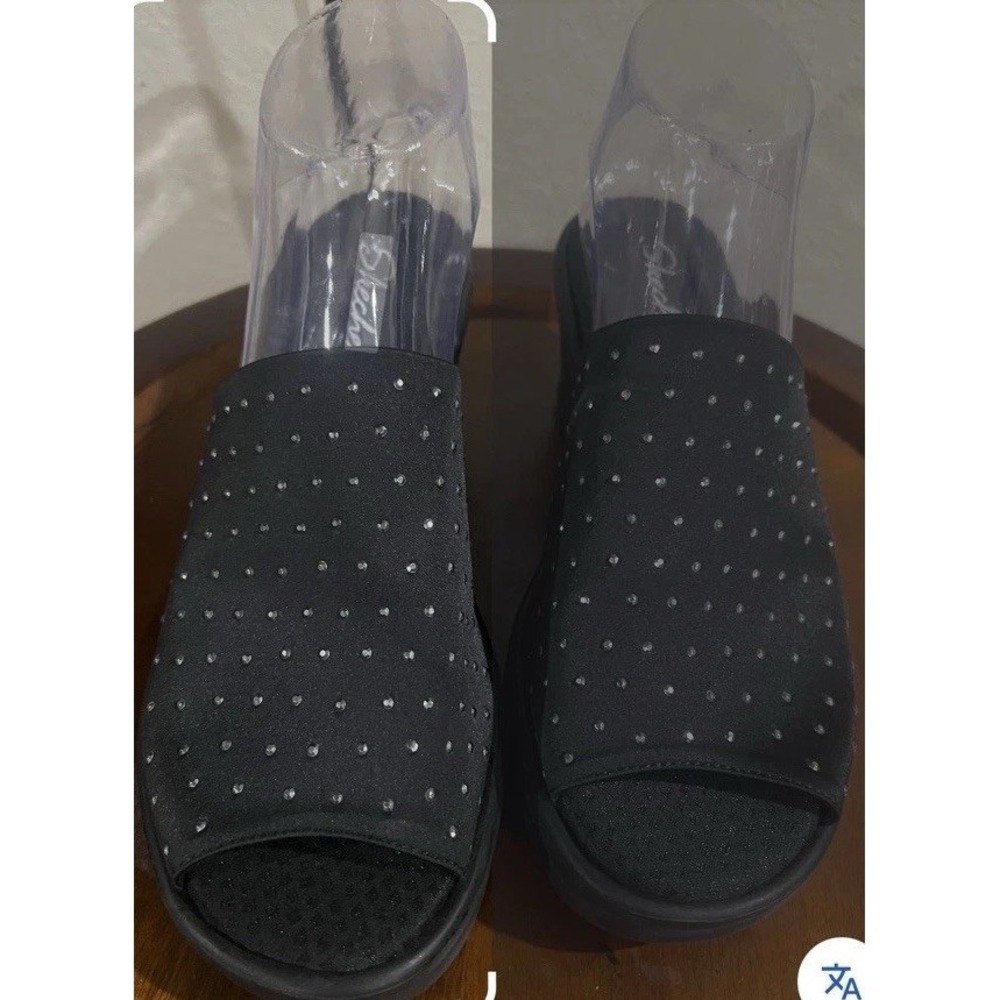 Skechers Parallel Black Rhinestone Wedge Sandals Memory Foam Slide Women 9 Vacay